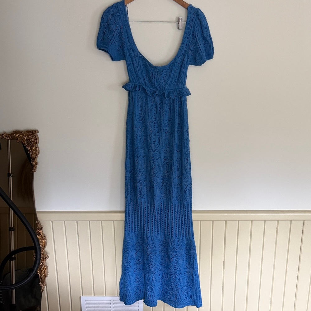 Zara Blue Knit Maxi Dress - Women's Elegant Scoop Back
